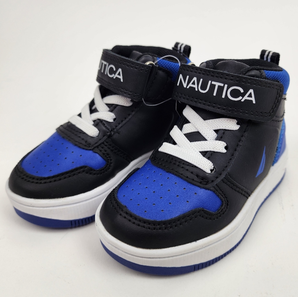 Nautica Infant Toddler High Top Sporty Shoes Black & Blue Hook Loop Close NWT